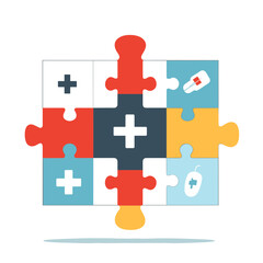 Naklejka premium Colorful Jigsaw Puzzle Illustrating Medical and Healthcare Concepts on a White Background With Thermometer Stethoscope and Plus Signs