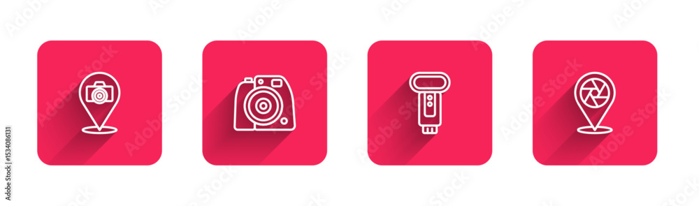 Poster set line photo camera, flash and camera shutter with long shadow. red square button. vector