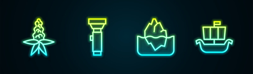 Set line Lupine flower, Flashlight, Iceberg and Viking ship Drakkar. Glowing neon icon. Vector © Kostiantyn