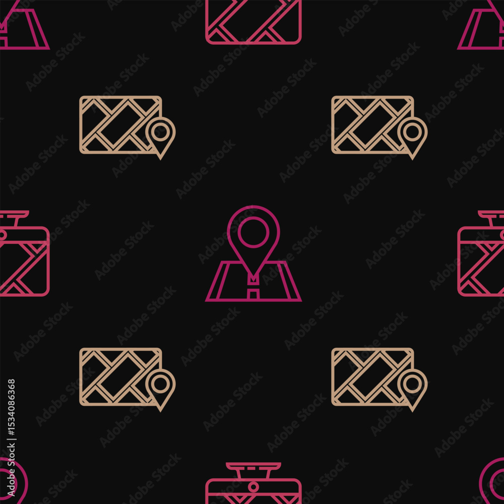Poster set line monitor with location marker, city map navigation and location on seamless pattern. vector