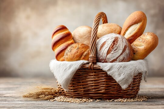 Assorted Fresh Bread in Wicker Basket on Wooden Surface