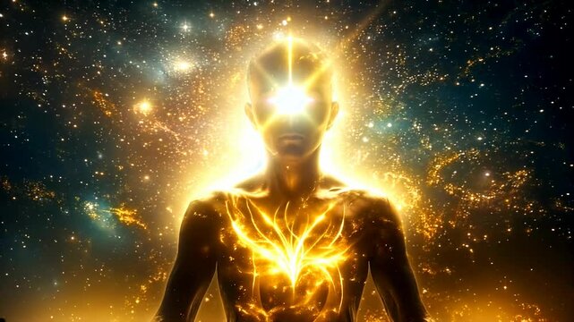 Glowing human figure with cosmic energy and light