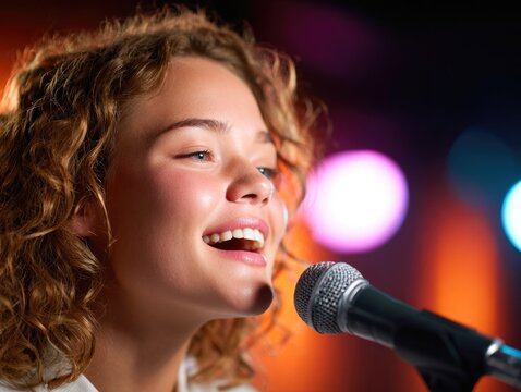 Girl Singing with Microphone on Colorful Stage