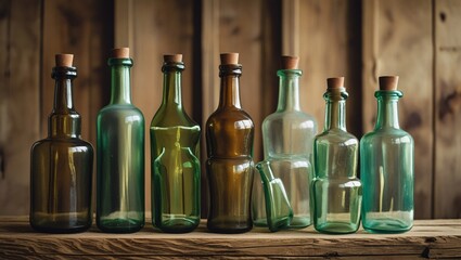 Collection of Vintage Glass Bottles with Corks on Wooden Shelf