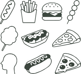 Create a kinds deferent food, hamburger, burger, fast, vector, pizza, icon vector art with white background.