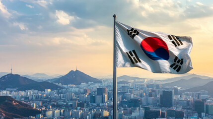 South Korean flag waves proudly against a beautiful skyline during independence and flag day celebrations