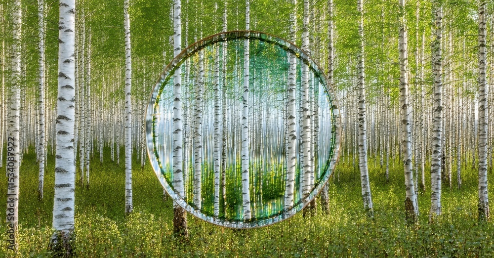 Poster birch forest scene. circular mirror reflects trees, creating symmetrical illusion. lush greenery, br