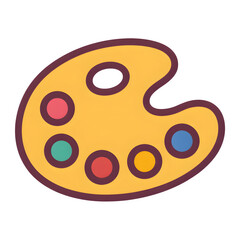 Obraz premium Paint palette doodle: casual purple outline, flat yellow palette shape, five paint wells, transparent background.