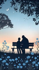Obraz premium Father Son Silhouettes Dusk Park Bench Blue Flowers