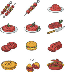 Create a kinds of deferent food, pizza, set, icon, sandwich, cartoon, bread, illustration, breakfast, vector, cake, cheese, meal,  vector art with white background.