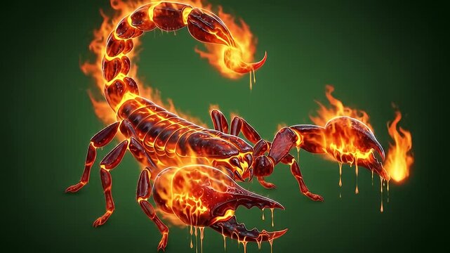 Fire elemental fantasy scorpion on glowing green screen, stylized burning creature
