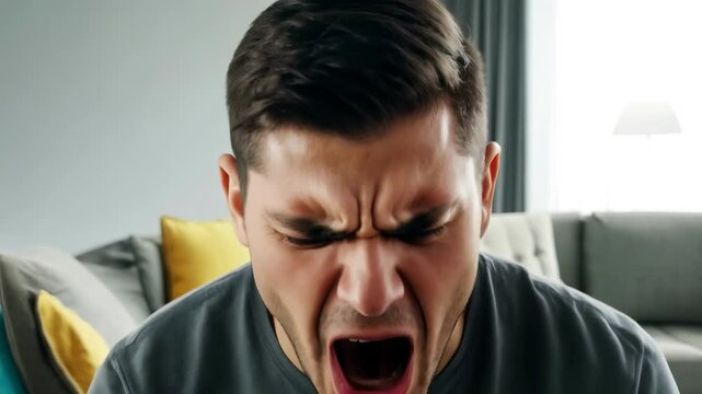 Angry man screaming with frustration and rage at home. shouting, emotional breakdown, stress release, mental health crisis, uncontrollable anger, emotional outburst, psychological distress