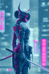 Cybernetic samurai with glowing neon armor, sci-fi