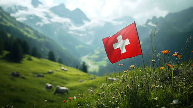 Swiss flag waving proudly in a lush Alpine meadow during national celebrations of sovereignty and independence