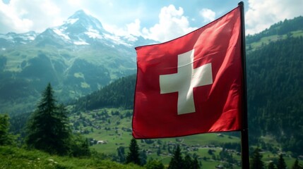 A vibrant Swiss flag flutters among colorful wildflowers in a picturesque Alpine landscape, symbolizing national pride and independence.