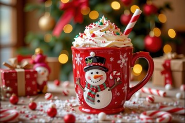 Christmas mug filled with whipped cream and candy on festive table  
