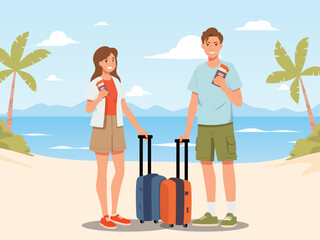 Happy tourist with Large travel bag luggage for travel and exploring the beach. The lovers holding map and passport, smiling. Summer vacation and tropical travel concept illustration.