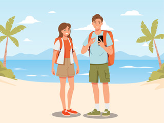 Happy tourist with Large travel bag luggage for travel and exploring the beach. The lovers holding map and passport, smiling. Summer vacation and tropical travel concept illustration.
