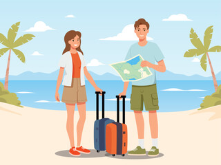 Happy tourist with Large travel bag luggage for travel and exploring the beach. The lovers holding map and passport, smiling. Summer vacation and tropical travel concept illustration.