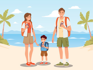 Happy family with backpacks holding passports, standing on the beach, ready for vacation travel. Summer holiday concept with tropical background and blue ocean.