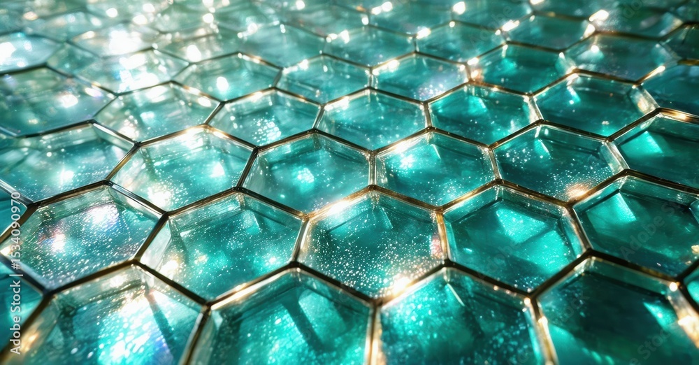 Poster Hexagonal tiles create shimmering surface. Light reflects, producing vibrant teal hues. Pattern repeats, offering textured visual experience.