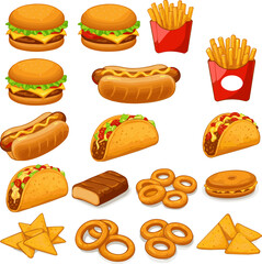 Create a kinds of deferent food, bread, cake, hamburger, set, burger, fast, sandwich, sweet, vector, icon, dessert, bakery, pizza vector art with white background.
