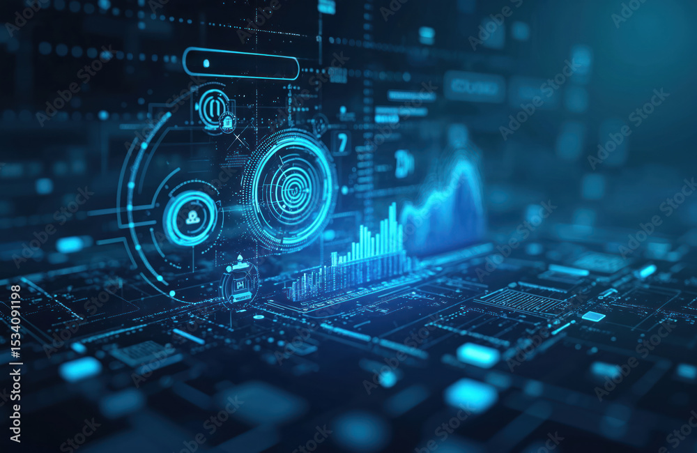 Poster digital illustration network, data analysis. futuristic interface with charts, graphs, numbers. back