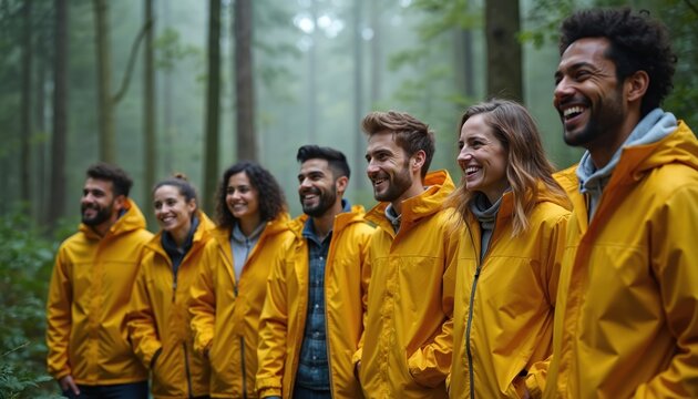 Group corporate team building event in forest. Colleagues dressed in yellow jackets smile. Teamwork, outdoor activity, working together, company employees enjoy fresh air, eco-friendly business.