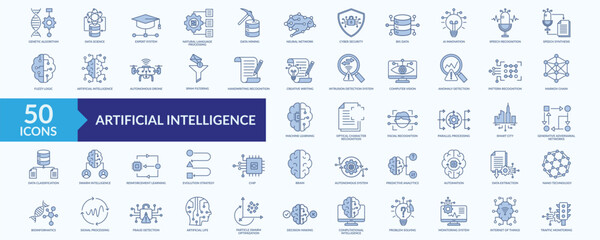 Artificial intelligence icon collection set with genetic algorithm, expert system, natural language processing, neural network, machine learning © sugimanpenghulu