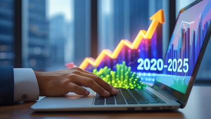 Man working on laptop  business analysis and economical growth chart 