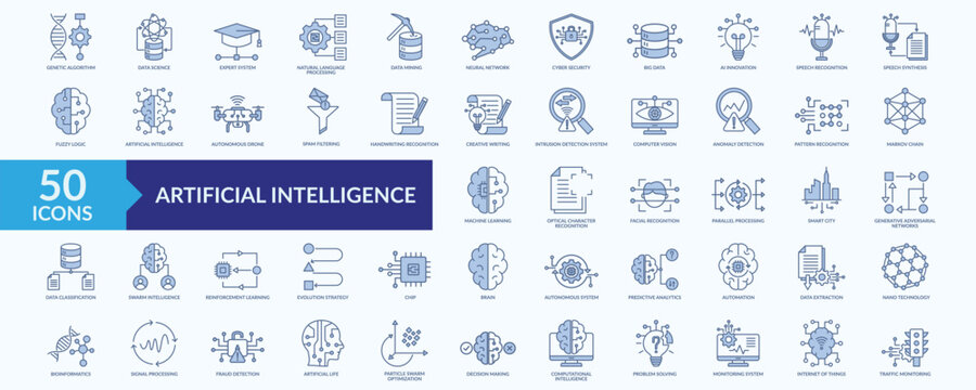 Artificial intelligence icon collection set with genetic algorithm, expert system, natural language processing, neural network, machine learning