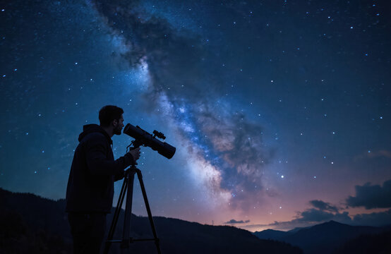 Man using telescope observes galaxy, star clusters at night. Astronomer, scientist explore space using modern tech. Space exploration, research, astronomy hobby, astrophotography. Science, discovery