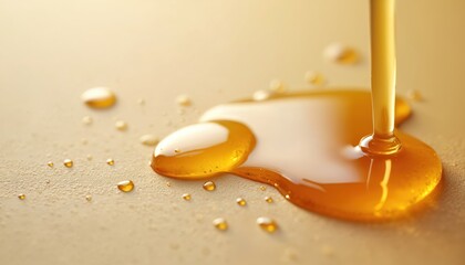 Close-up view of honey on beige smooth surface. Golden liquid droplets. Natural sweet syrup with texture. Tasty, healthy food. Ideal for health blogs, food ads, product presentation.