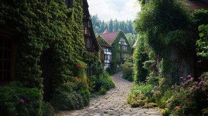 Fototapeta premium an an german old town covered in hedges an thornes like in sleeping beauty and dark fantasy movie