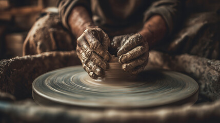 Close-up of artisan hands shaping clay on a spinning pottery wheel