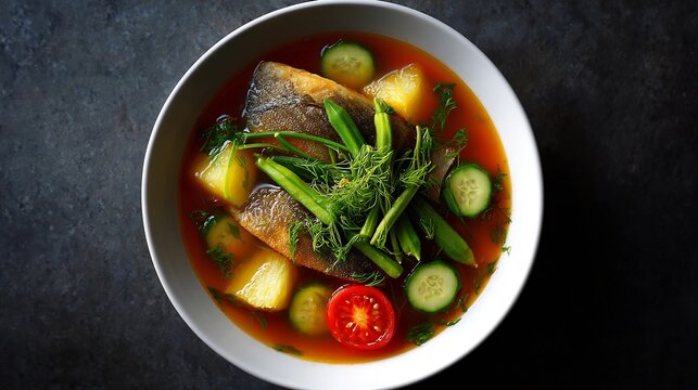 Vietnamese sour fish soup canh chua tamarind broth okra pineapple tomato and herbs white bowl top down view