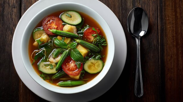 Vietnamese sour fish soup canh chua tamarind broth okra pineapple tomato and herbs white bowl top down view