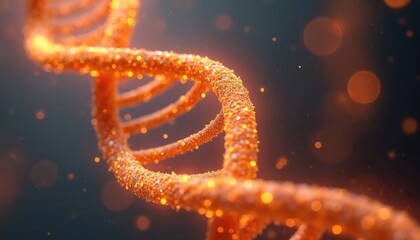 Digital render orange DNA double helix glowing, emitting light on gray background. Concept of genetic engineering, biotechnology. For science medicine, biology themes. Futuristic illustration of