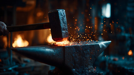 Sparks from a metal in blacksmith factory