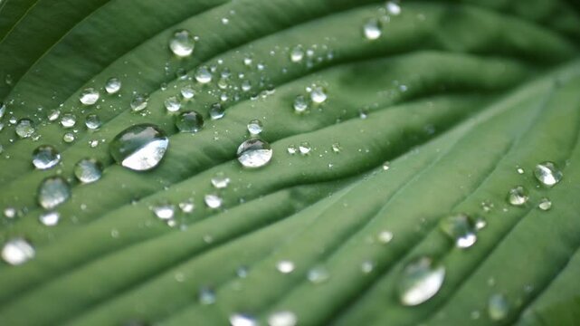 Close-up of large water droplets trembling on green plant leaves after rain. Fresh, natural, and vibrant atmosphere. Macro nature footage with shallow depth of field.