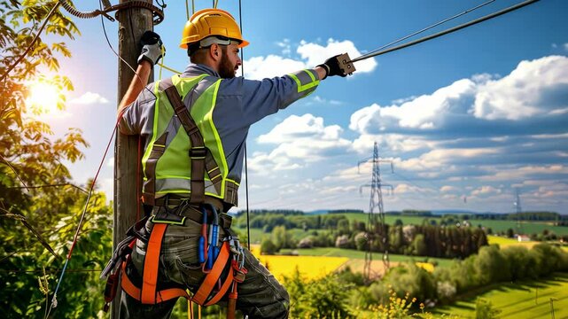 Caucasian lineman working on electrical power lines with safety gear in bright daytime scenic countryside. concept of skilled trade, electricity maintenance, outdoor work, safety, electrician