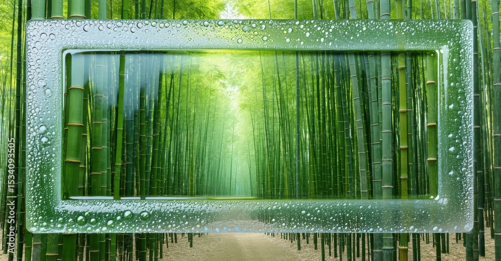 Aufkleber lush bamboo forest scene framed by water droplets. sunlight filters through tall green stalks creati