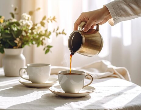 Caf&eacute; sendo servido em mesa posta com flores e luz natural