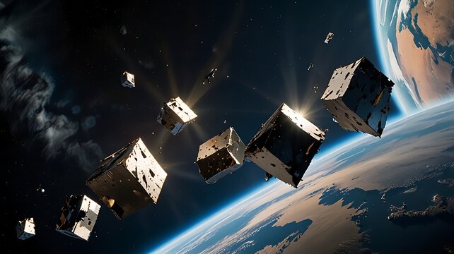 Group of Space Junk Pieces Scattered in Outer Space