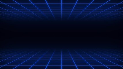 blue neon grid Retro 80s style animation tunnel, lighting glowing bright lines background, visual seamless loop illusion space - Powered by Adobe