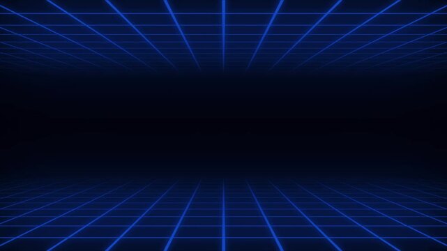 blue neon grid Retro 80s style animation tunnel, lighting glowing bright lines background, visual seamless loop illusion space