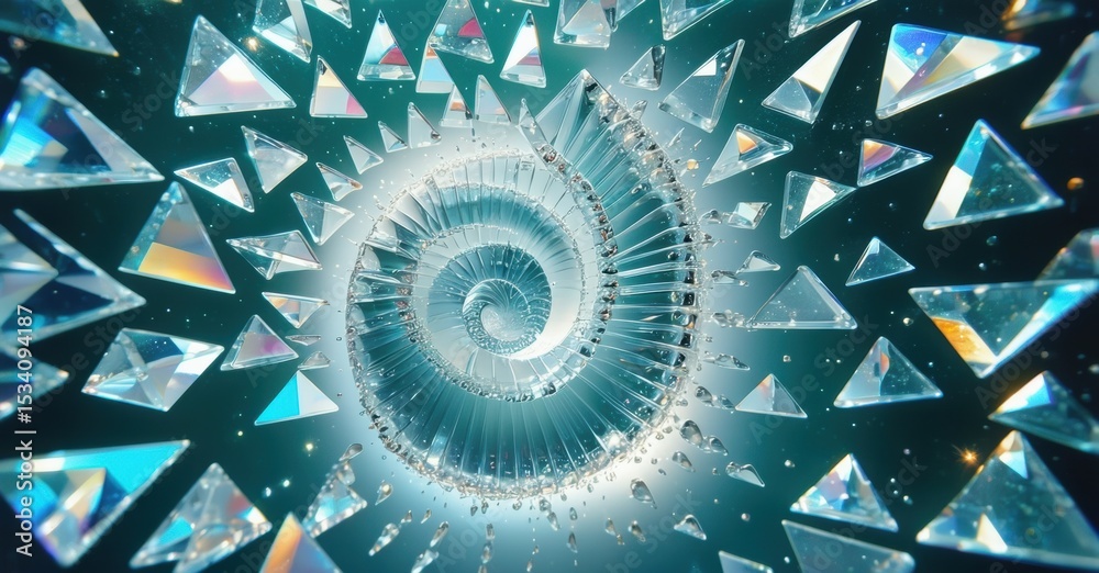 Poster Abstract spiral, fragmented glass pieces. Teal hues dominate, creating dynamic visual effect. Light reflects, sparkles throughout composition.