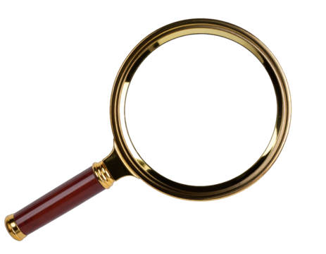 The luxurious close-up shot showcases a magnifying glass with gold and wood trim. It conveys investigation, retro technology, and luxury with its design and the clean studio aesthetic.