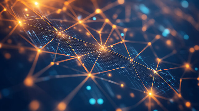 Interconnected Nodes with Glowing Lines on a Blue Background