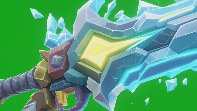 Rotating Stylized Ice Sword with Blue Crystals Isolated on Green Screen Ideal for Visual Effects and Game Assets in Low Poly Isometric View